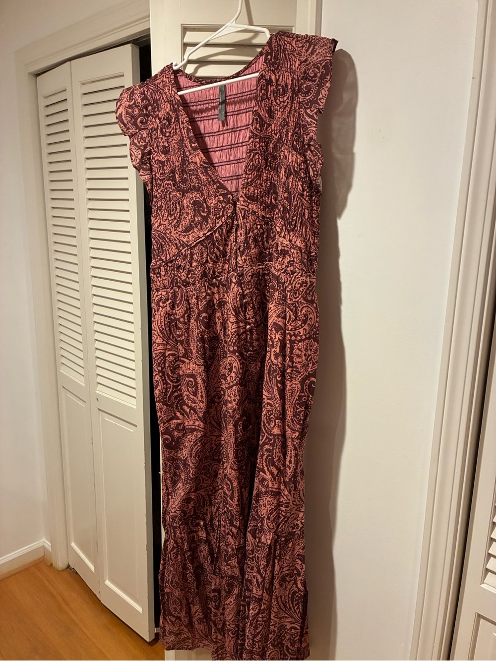 Anthropologie Rust Pink Paisley V-Neck Maxi Dress